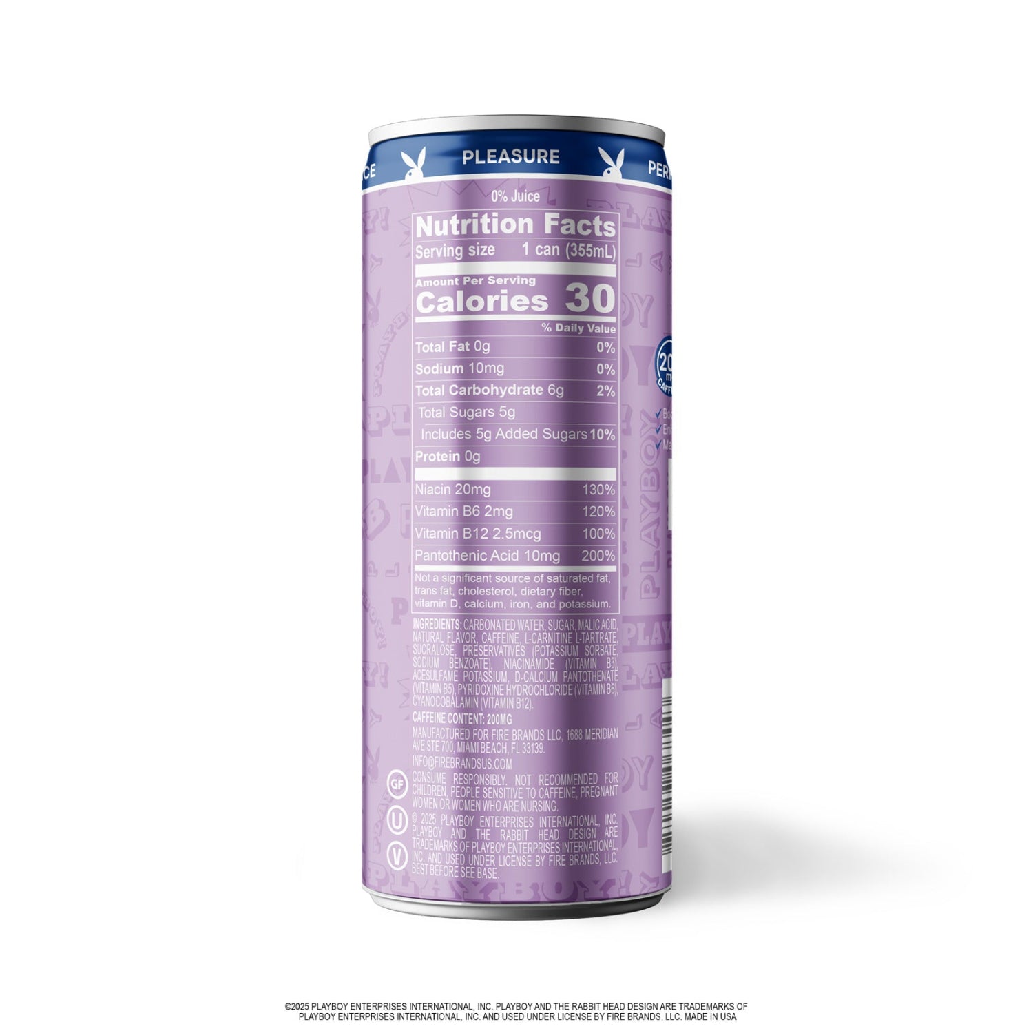 Purple can with nutritional information on a white background