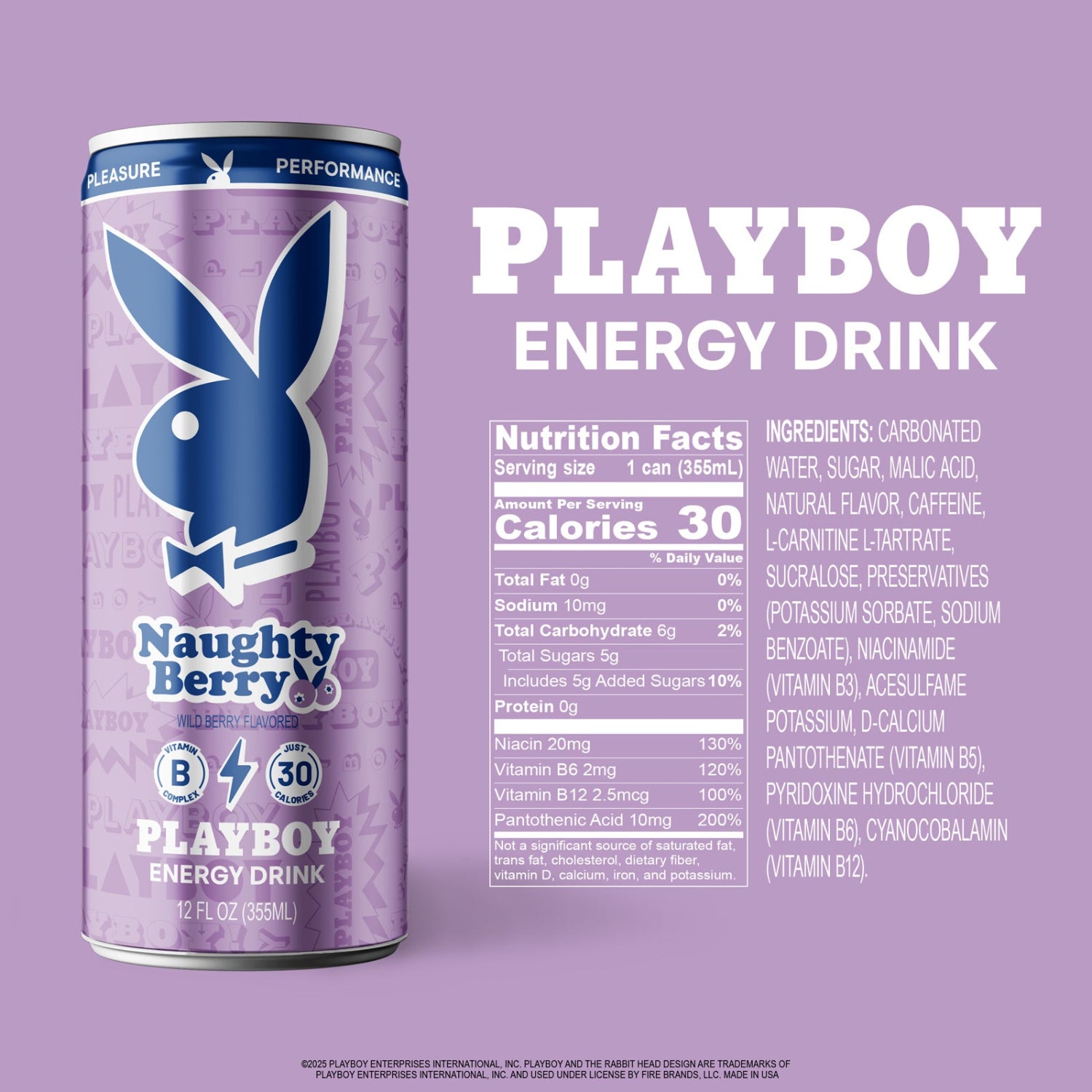 Playboy energy drink can with nutritional information on a purple background