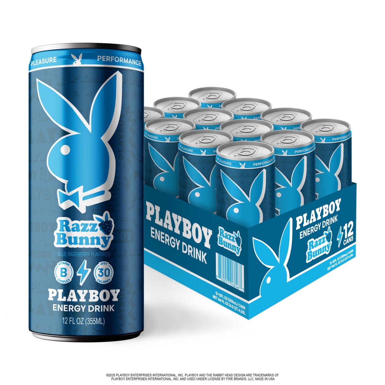 Playboy energy drink can and packaging on a white background