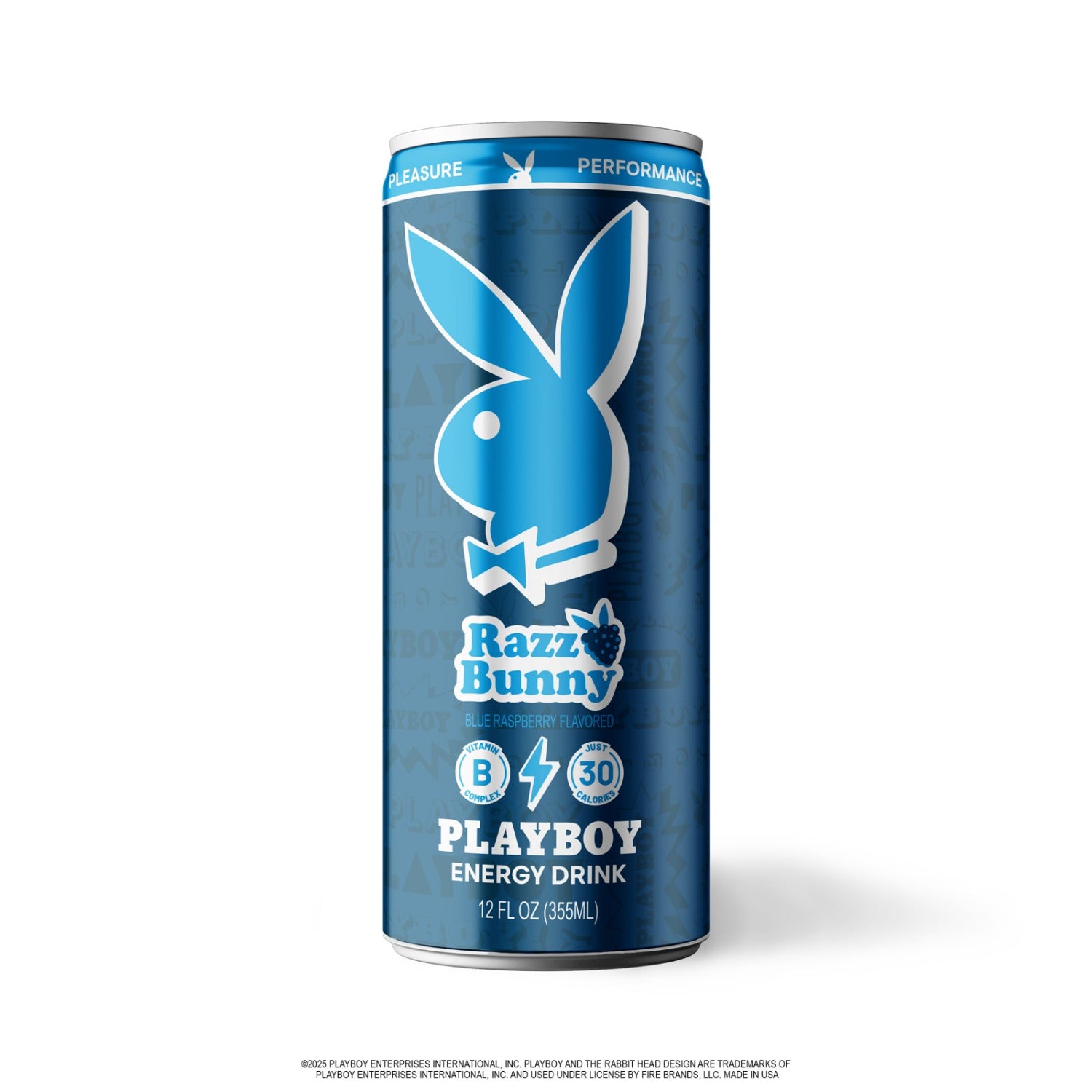 Playboy branded energy drink can on a white background