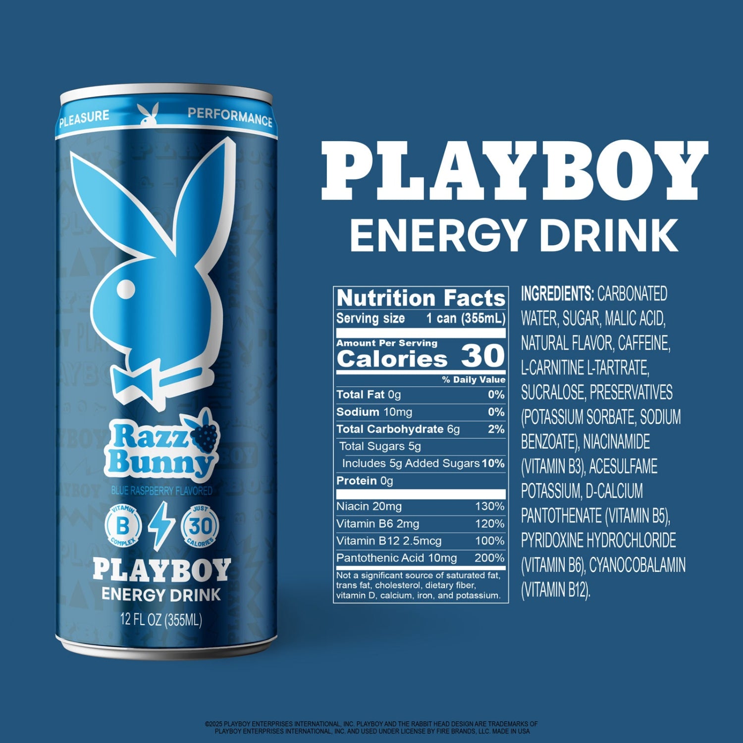 Playboy energy drink can with nutrition facts and ingredients on a blue background