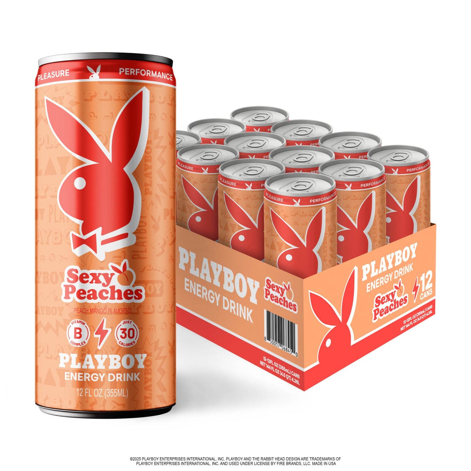 Playboy Energy Drink can and packaging with a red and white design.