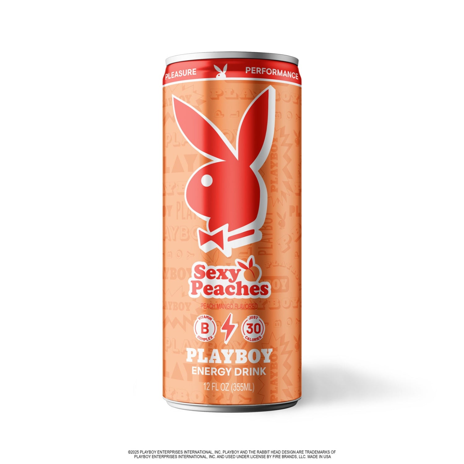 Playboy energy drink can with a peach flavor on a white background