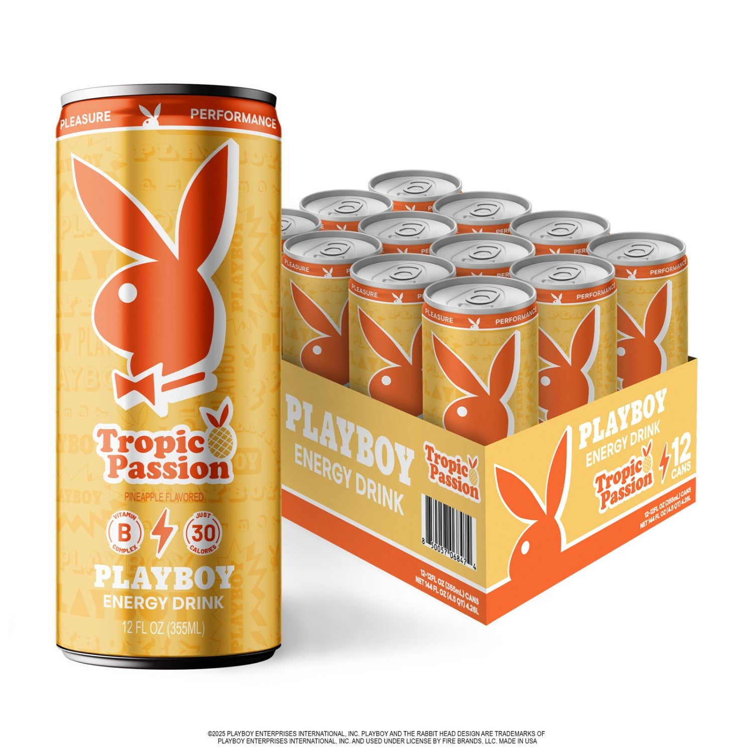 Playboy energy drink can and box on a white background