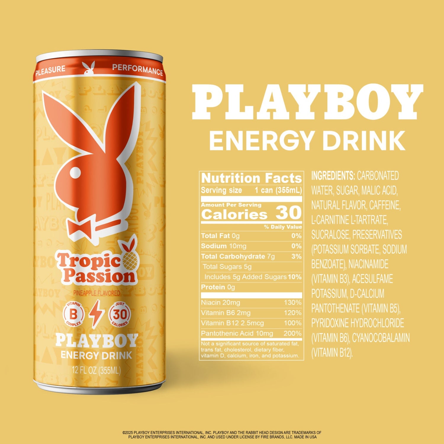 Playboy energy drink can with nutrition facts on a yellow background