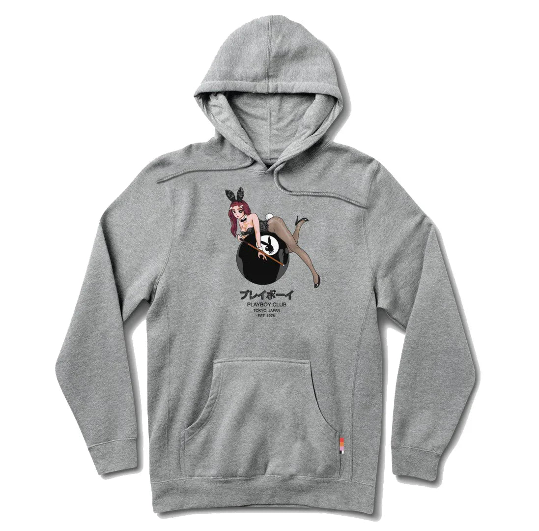 Gray hoodie featuring anime-style bunny girl on 8-ball, Tokyo Club graphic, front view