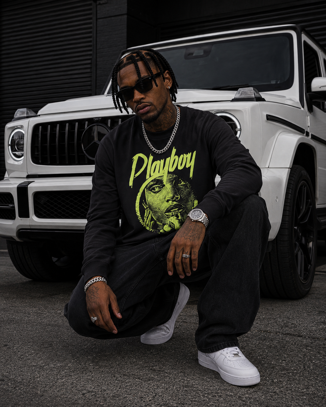 A man wearing a black long-sleeve Playboy t-shirt with a green graphic print, black sweatpants, and white sneakers, crouching in front of a white Mercedes-Benz G-Class vehicle. #Streetwearmen
