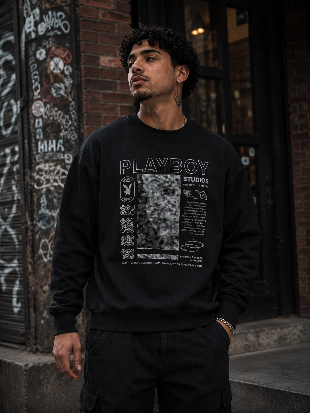 A man wearing a black crewneck sweatshirt with a vintage-style gray Playboy Studios graphic print, standing in front of a brick wall with graffiti. #Streetwearmen