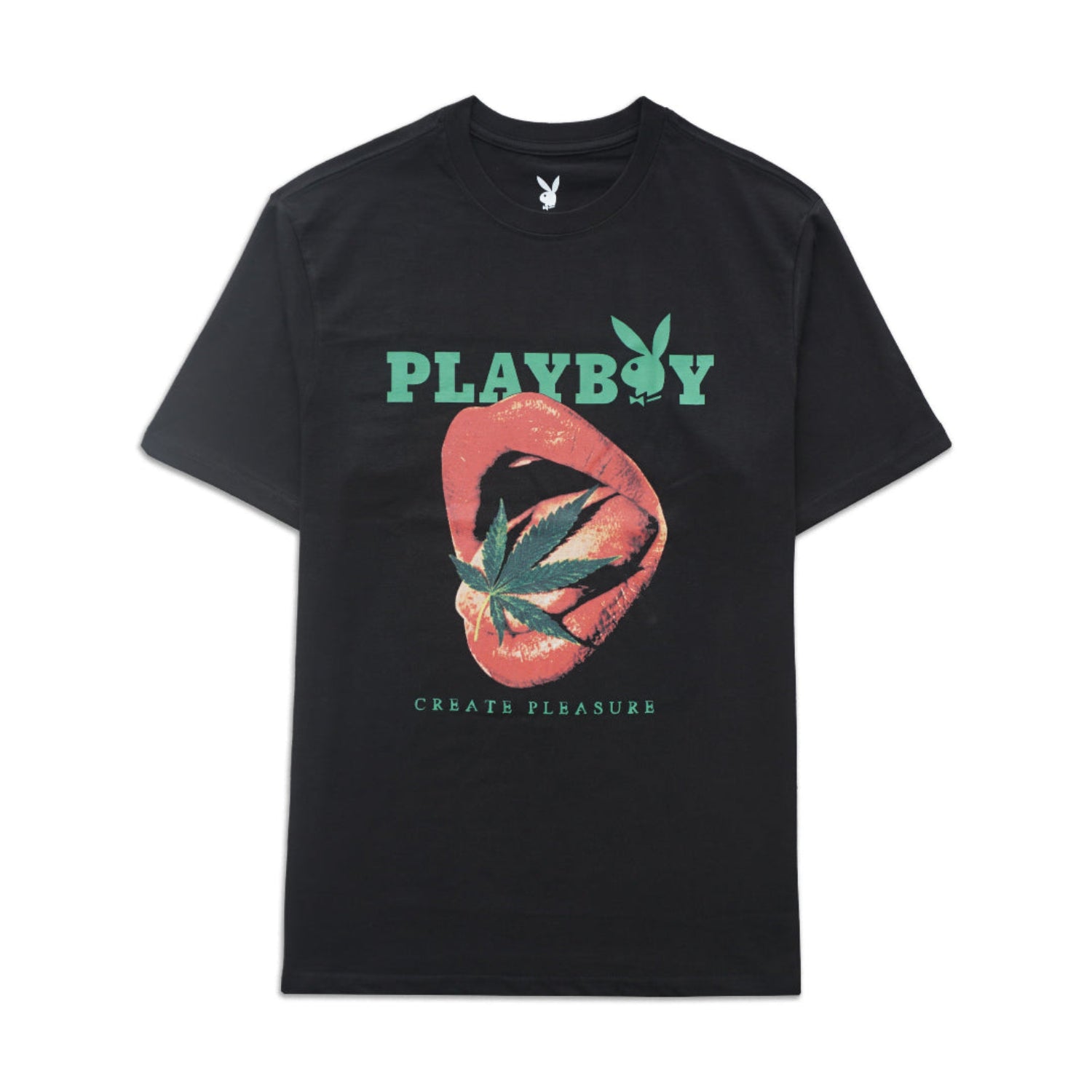 Black t-shirt with Playboy logo and marijuana leaf design on a white background