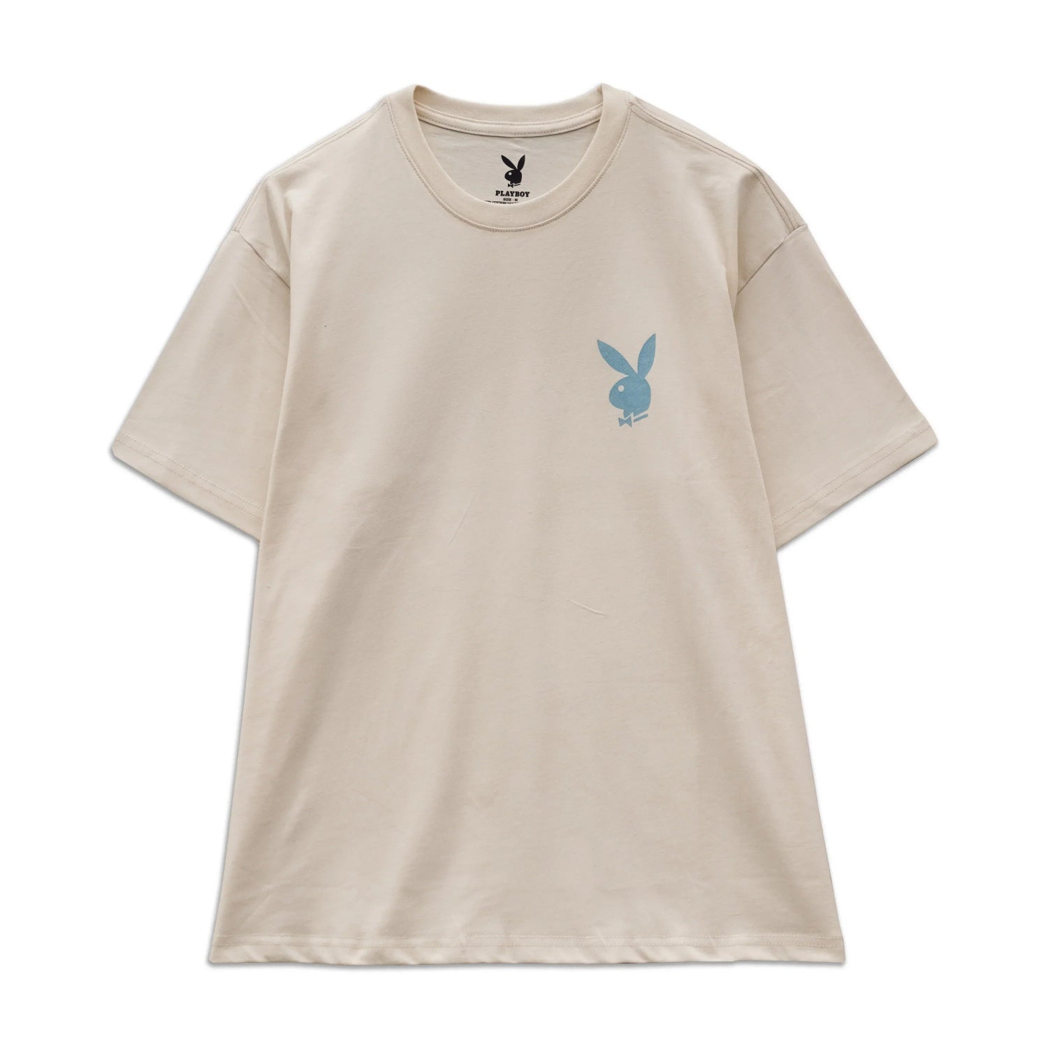 Beige unisex t-shirt with light blue bunny graphic on left chest, short sleeves, crew neck
