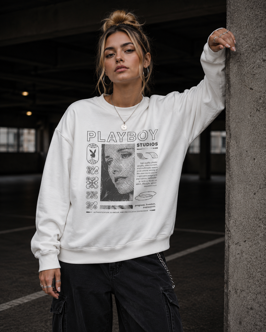 A woman wearing a white Playboy Studios graphic sweatshirt and black cargo pants, leaning against a concrete pillar in a dark parking structure. #Streetwearwomen