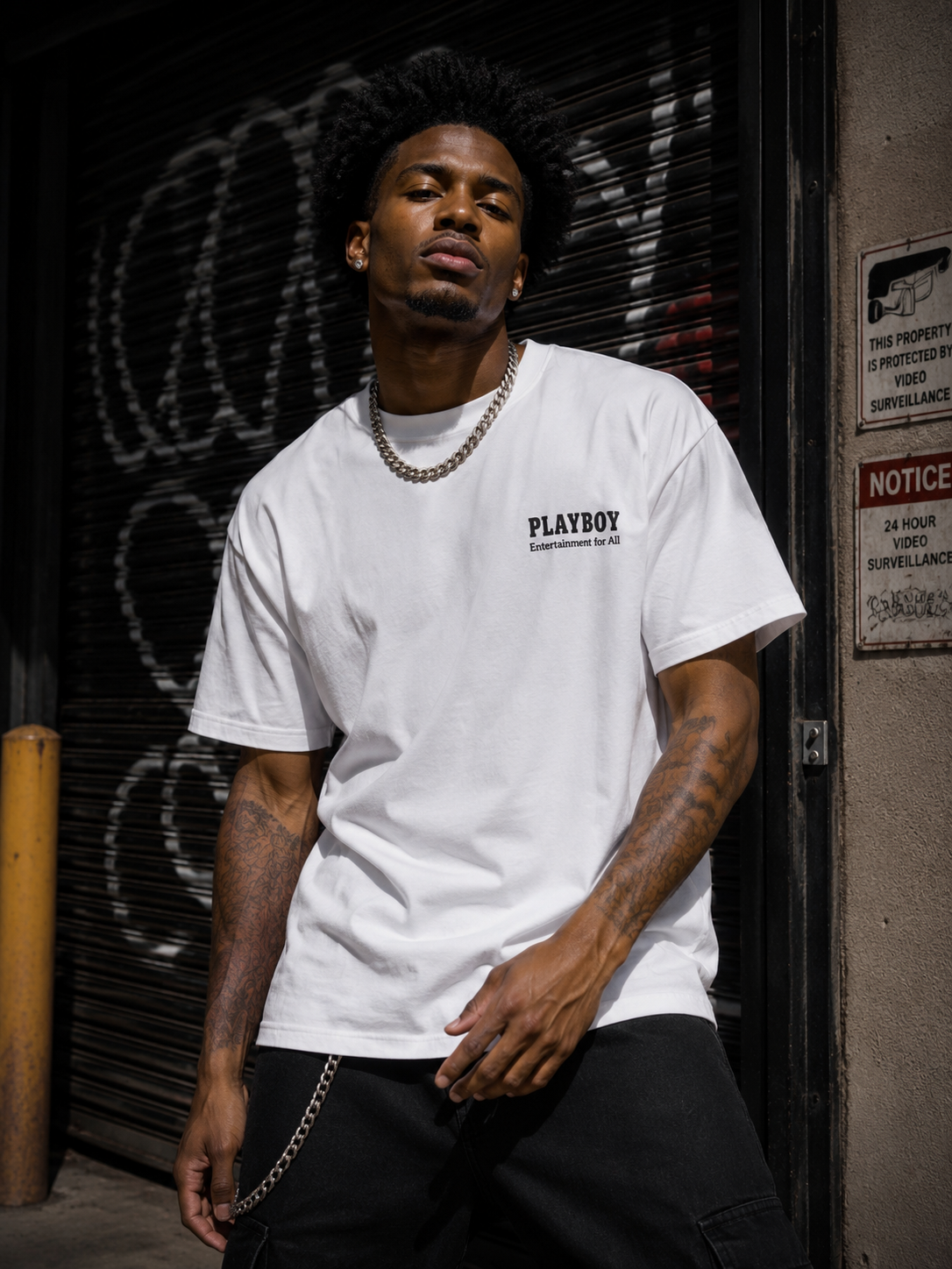 A man wearing a white short-sleeve t-shirt with a black PLAYBOY logo on the left chest, paired with black pants and a gold chain necklace, standing in front of a dark metal shutter. #Streetwearmen