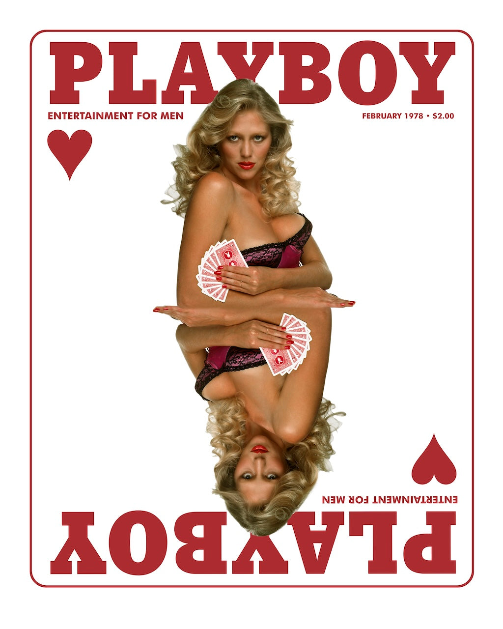 Playboy February 1978 magazine cover featuring a woman with blonde hair holding playing cards, themed like a playing card, with bold red Playboy branding.