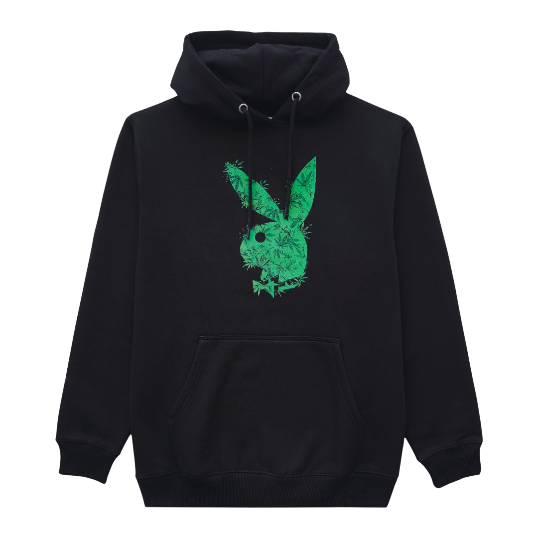 Black hoodie with green floral bunny logo on a white background