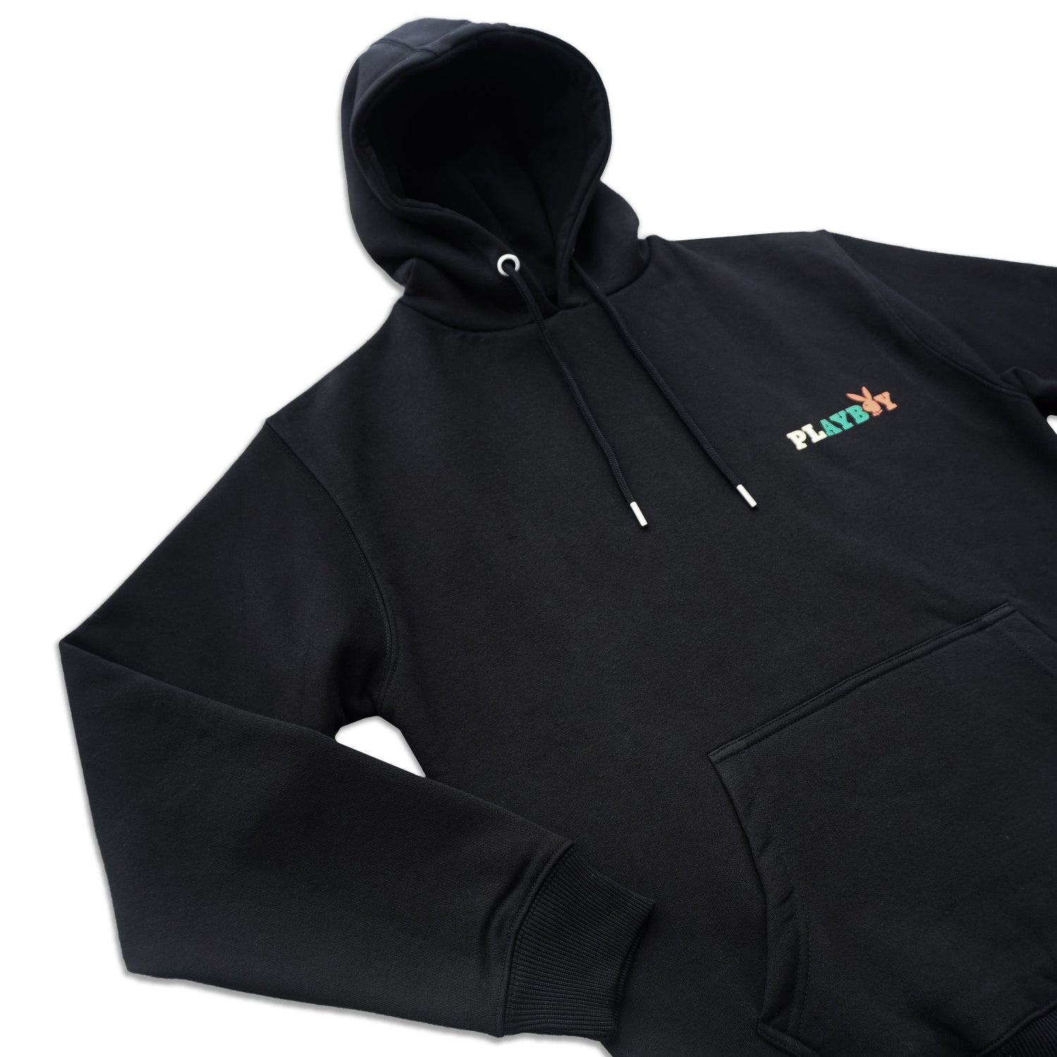 Black hoodie with a logo on the chest against a white background