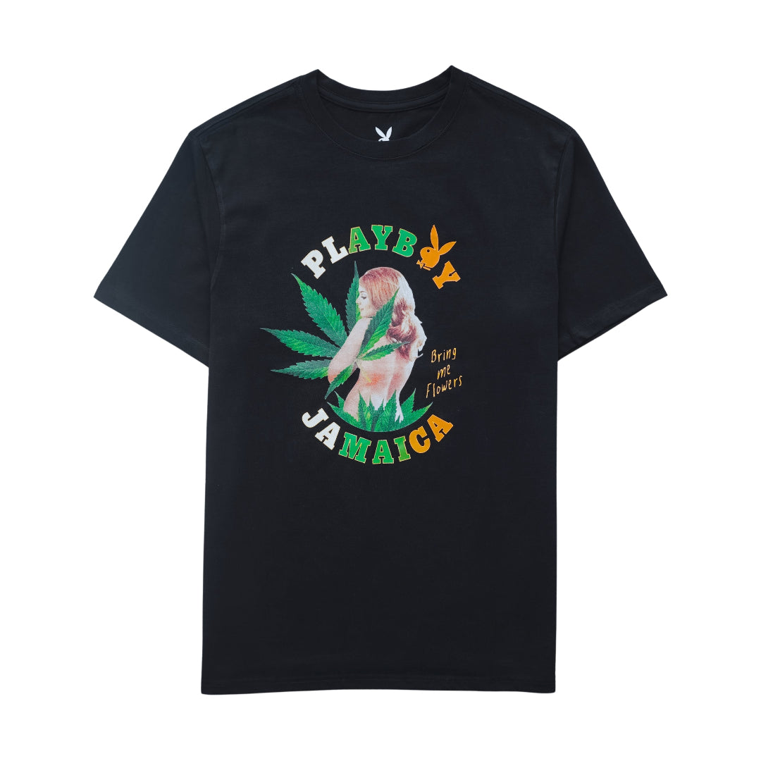 Black t-shirt with Playboy Jamaica graphic design on a white background