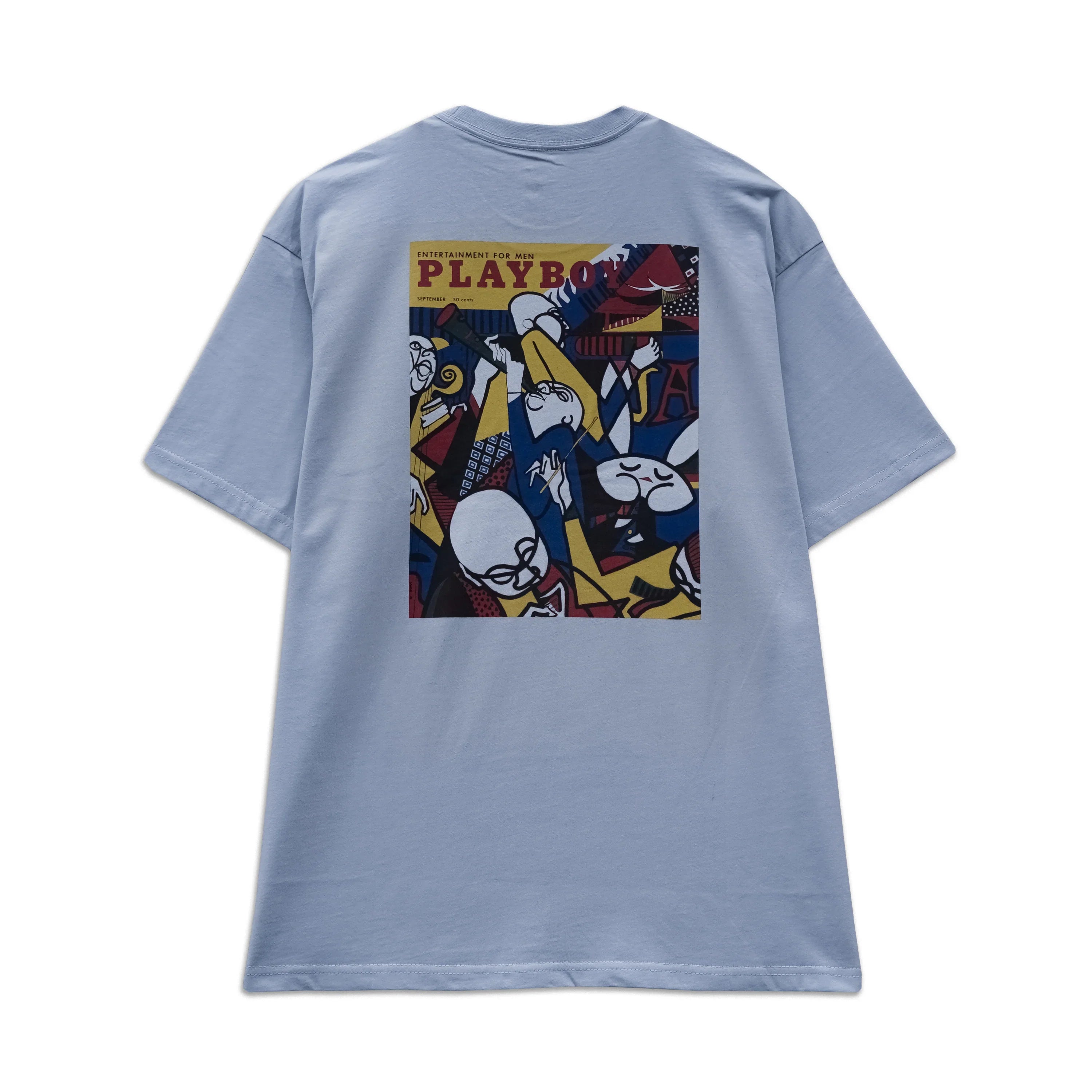 Light blue t-shirt with colorful graphic on the back on a white background