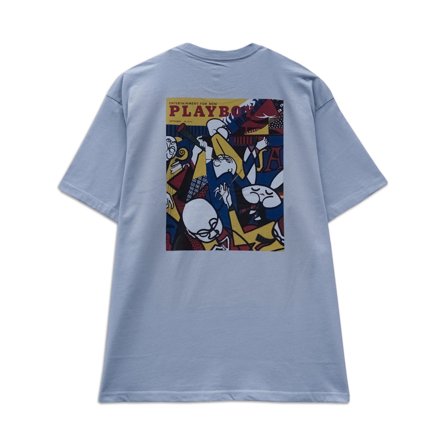 Light blue graphic tee with colorful abstract cartoon print and 'Playboy' text on back.