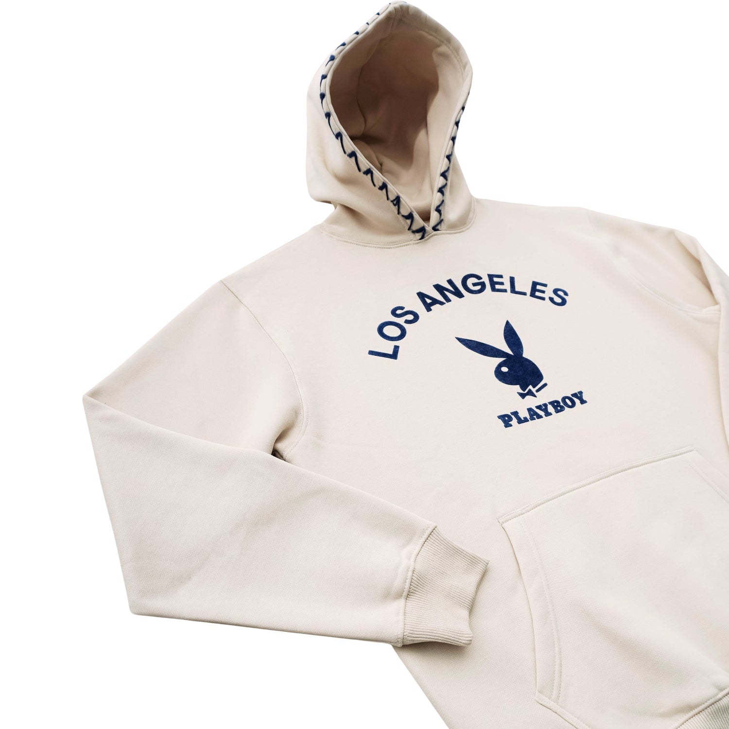 Beige hoodie with 'Los Angeles Playboy' text and logo on a white background