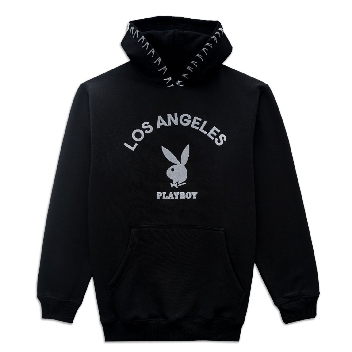 Black hoodie with 'Los Angeles Playboy' text and logo on a white background
