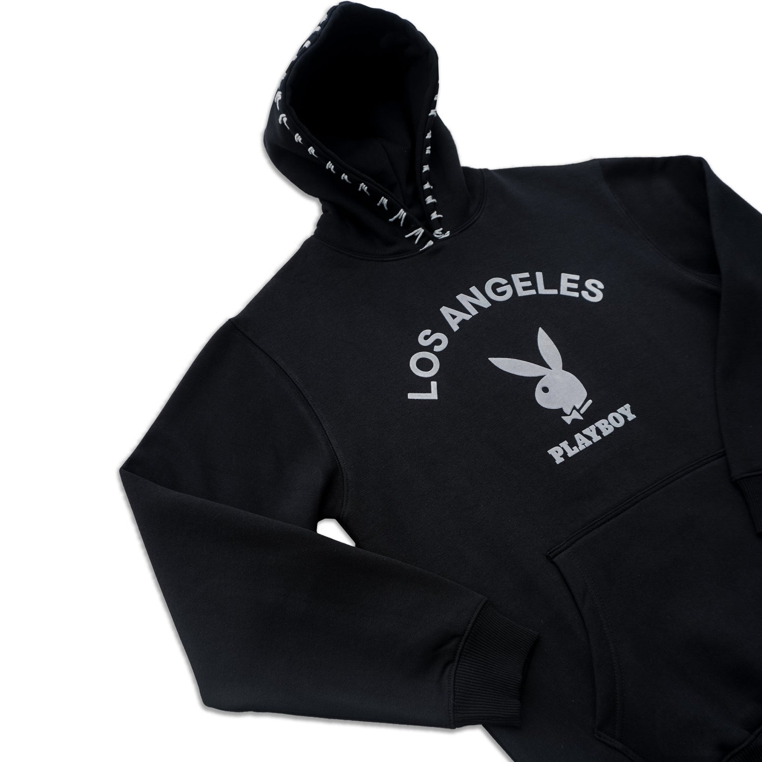 Black hoodie with 'Los Angeles Playboy' logo on a white background