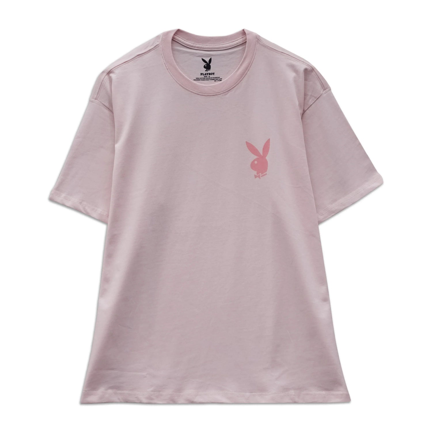 Light pink crewneck t-shirt with a pink bunny logo on the chest, short sleeves, laid flat