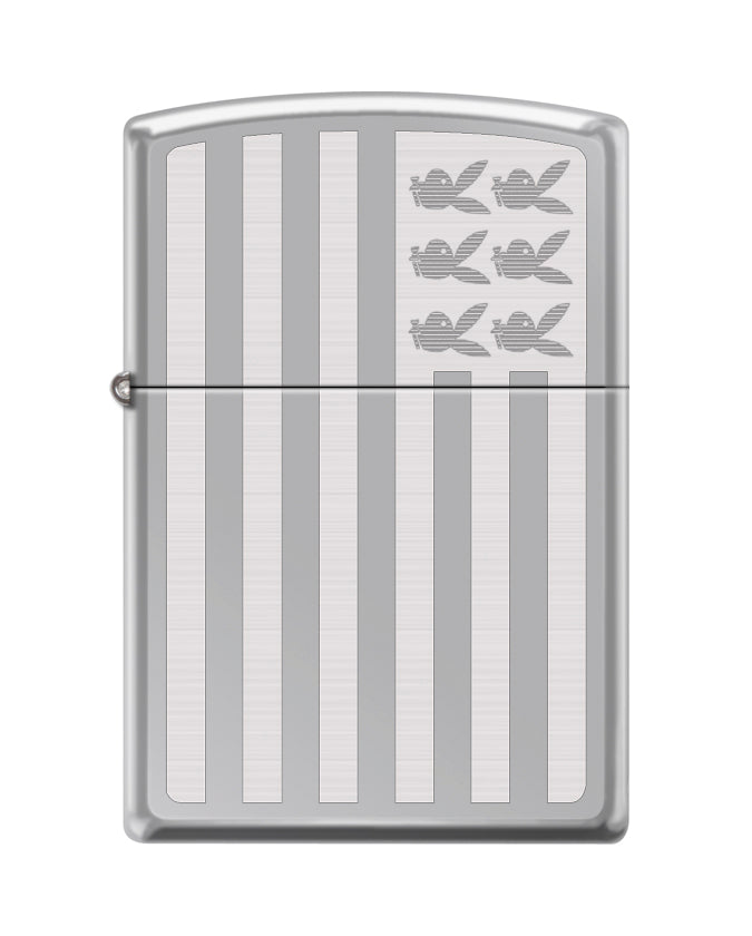 Silver Zippo lighter with engraved design on a white background