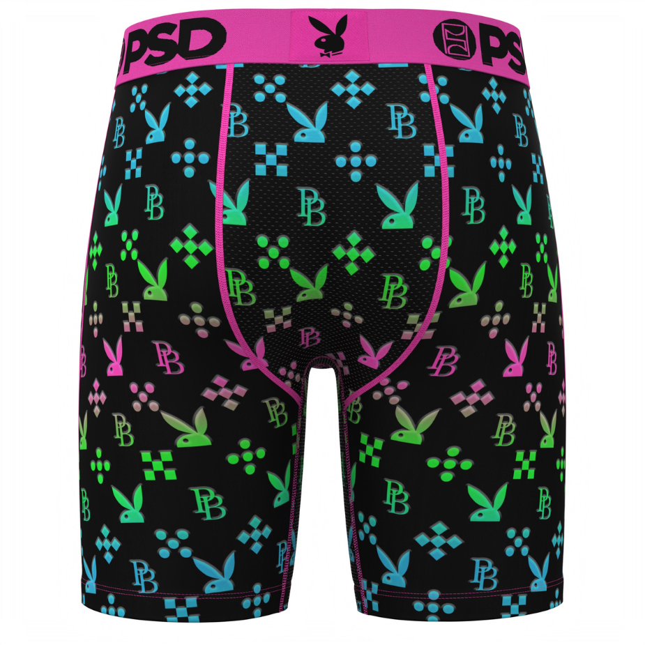 Playboy branded boxer briefs with colorful pattern on a white background