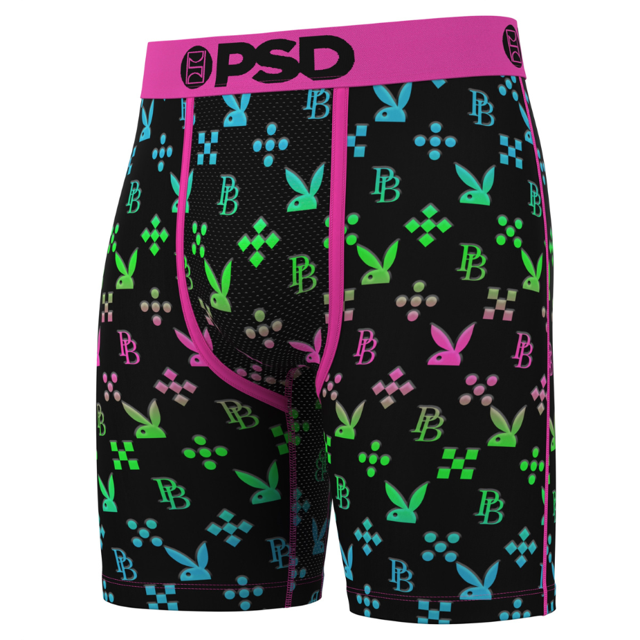 Black boxer briefs with colorful pattern and pink waistband on a white background
