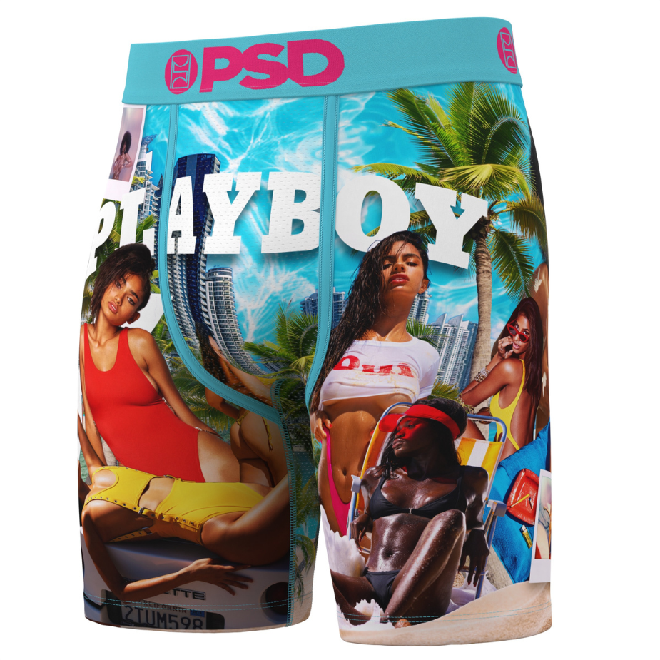 Playboy branded underwear with tropical design and 'PSD' branding.
