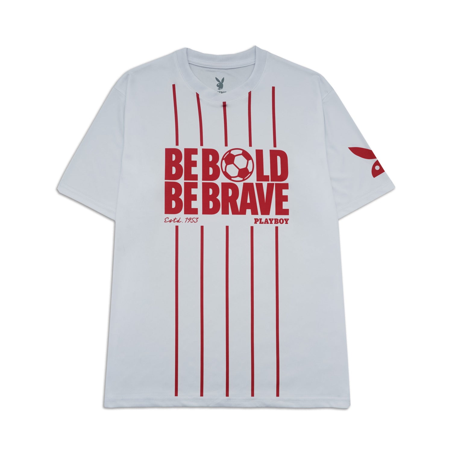 White t-shirt with red text and graphics on a white background