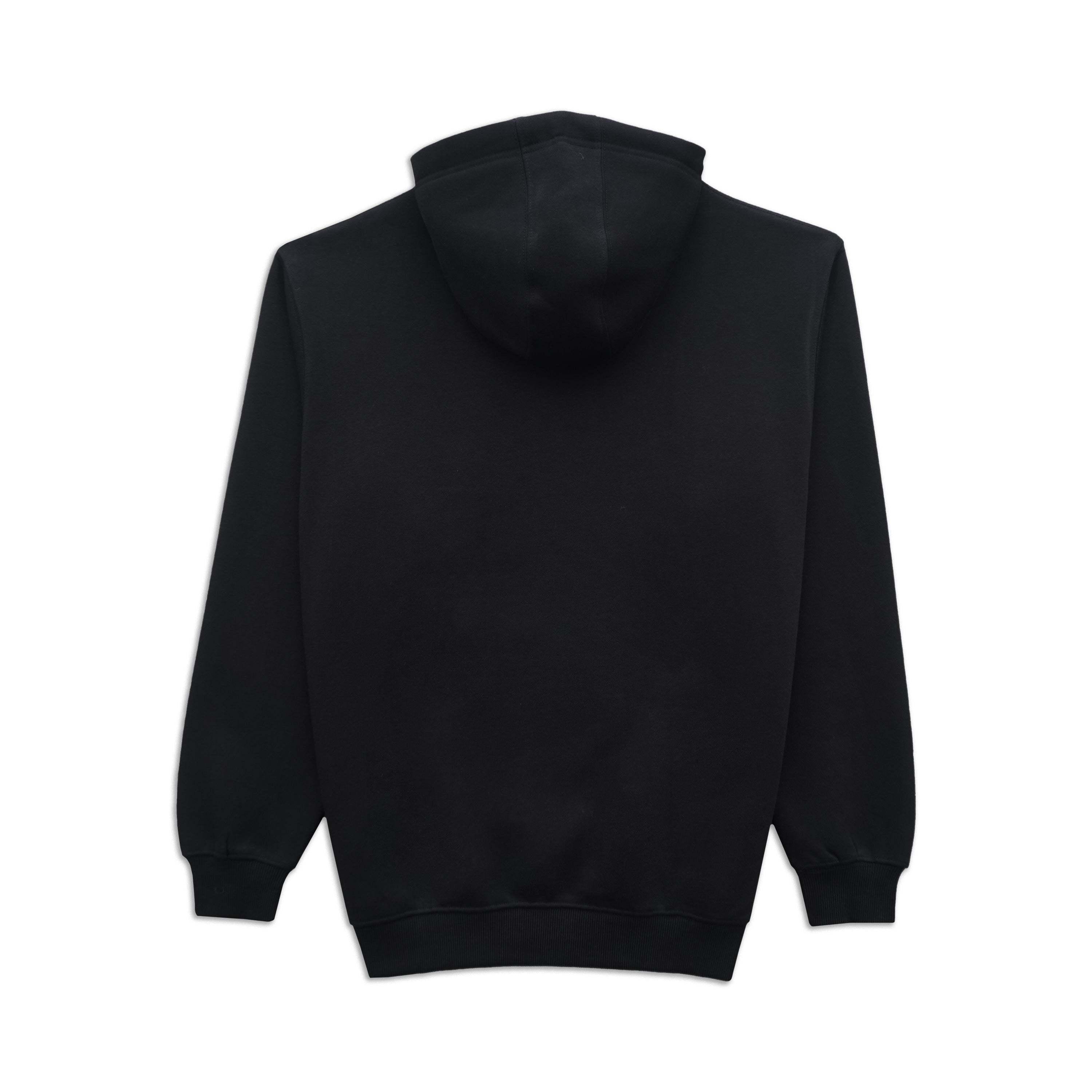 A black pullover hoodie shown from the back, photographed flat against a solid white background.