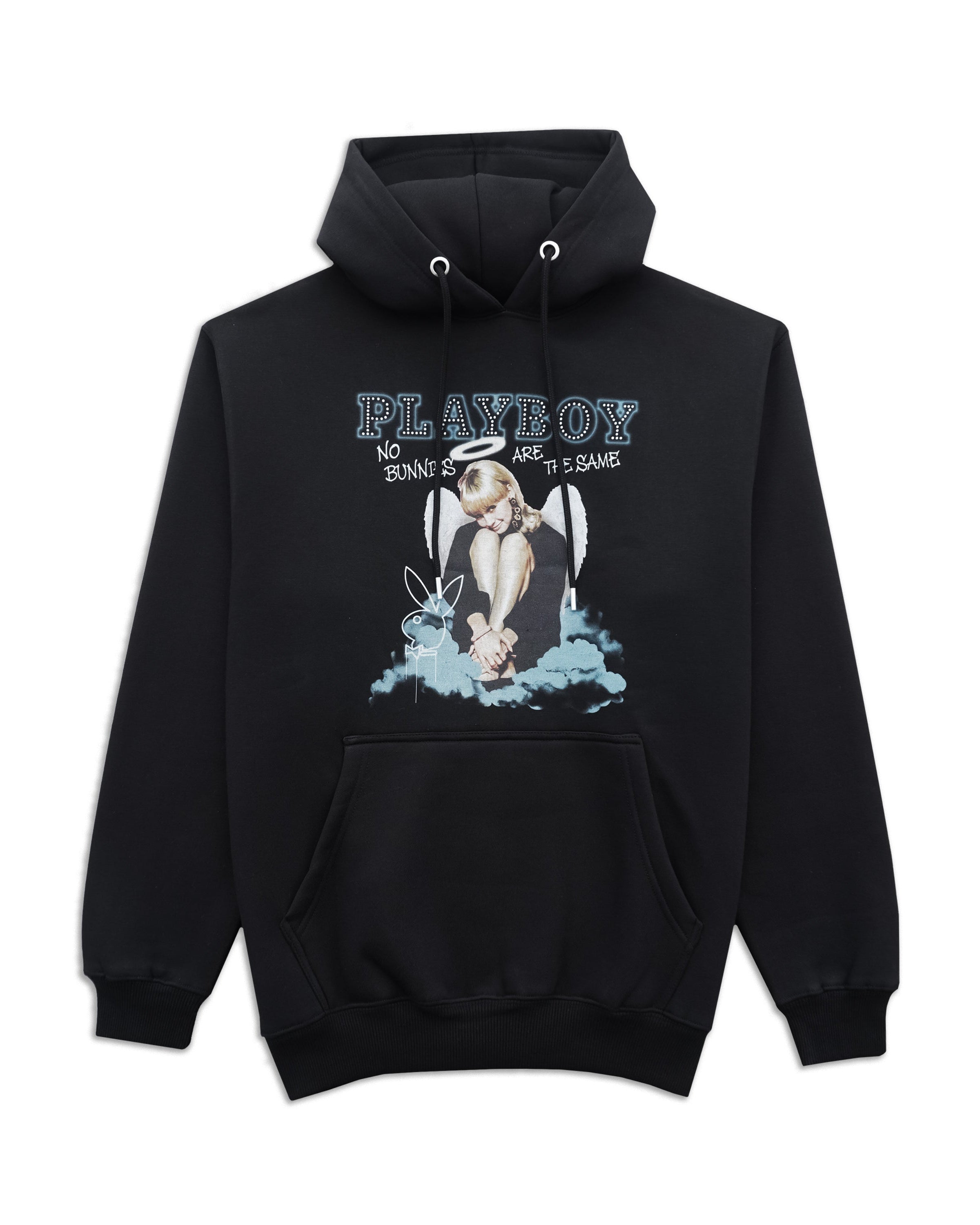 A black pullover hoodie featuring a front graphic print of a cartoon angel with wings and the text 'PLAYBOY NO ZONING PLEASE EMBARGO' in light blue and white, shown against a plain white background.