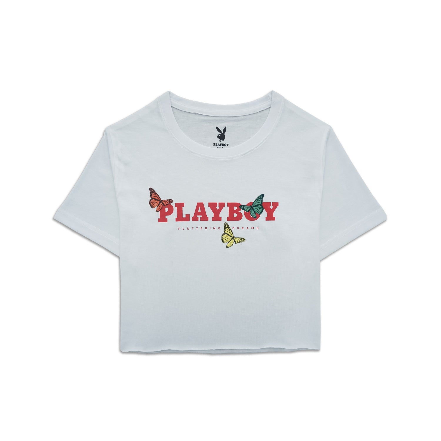 White crop top with Playboy logo and butterfly graphics on a white background