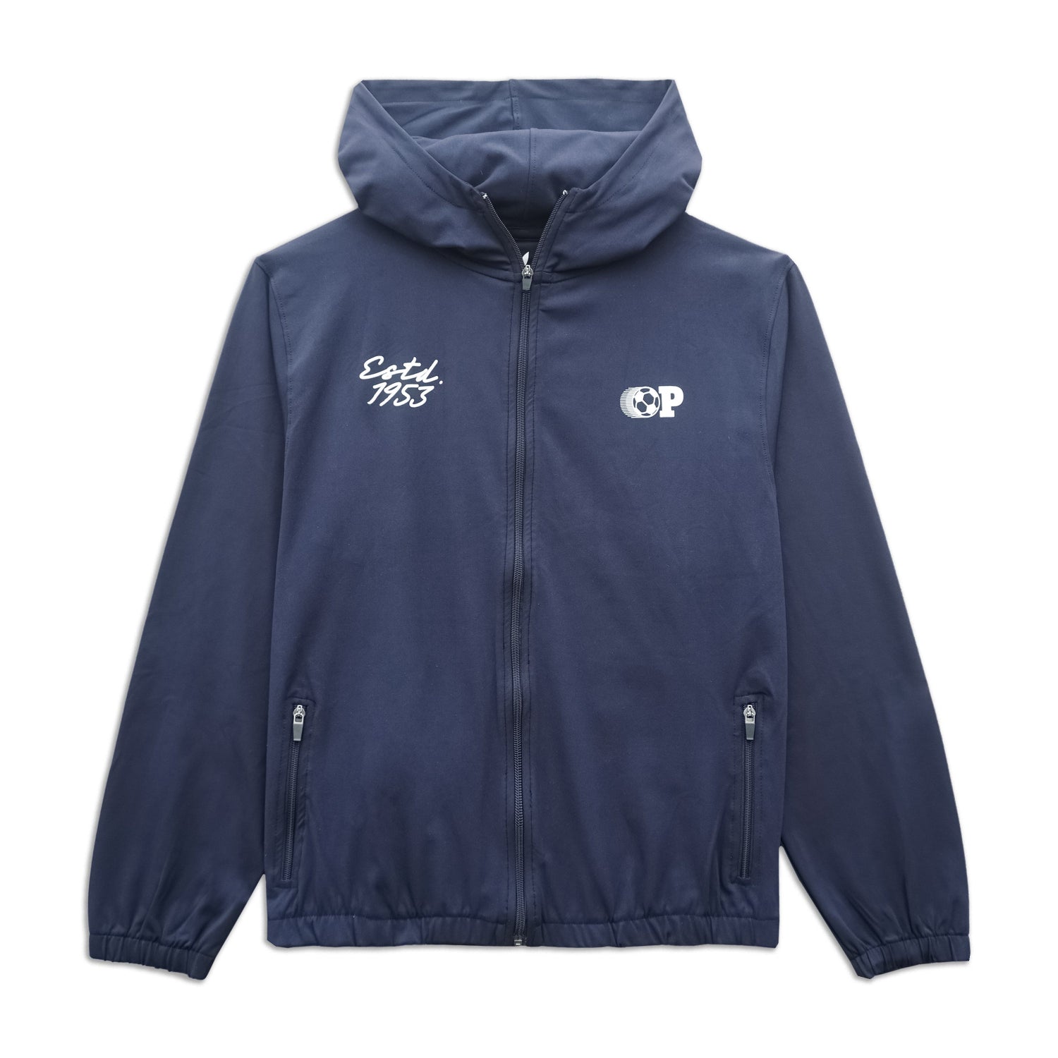 Navy blue jacket with brand logos on a white background
