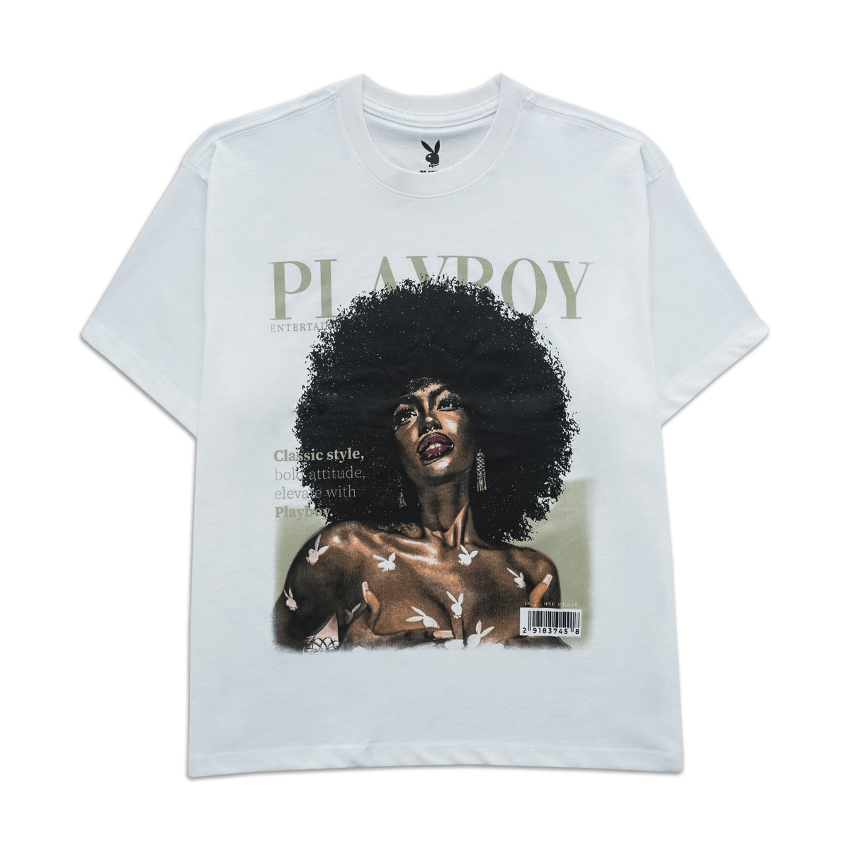 A white short-sleeve graphic t-shirt featuring a vintage Playboy magazine cover print on the front with a woman's portrait and the word 'PLAYBOY' in large letters.