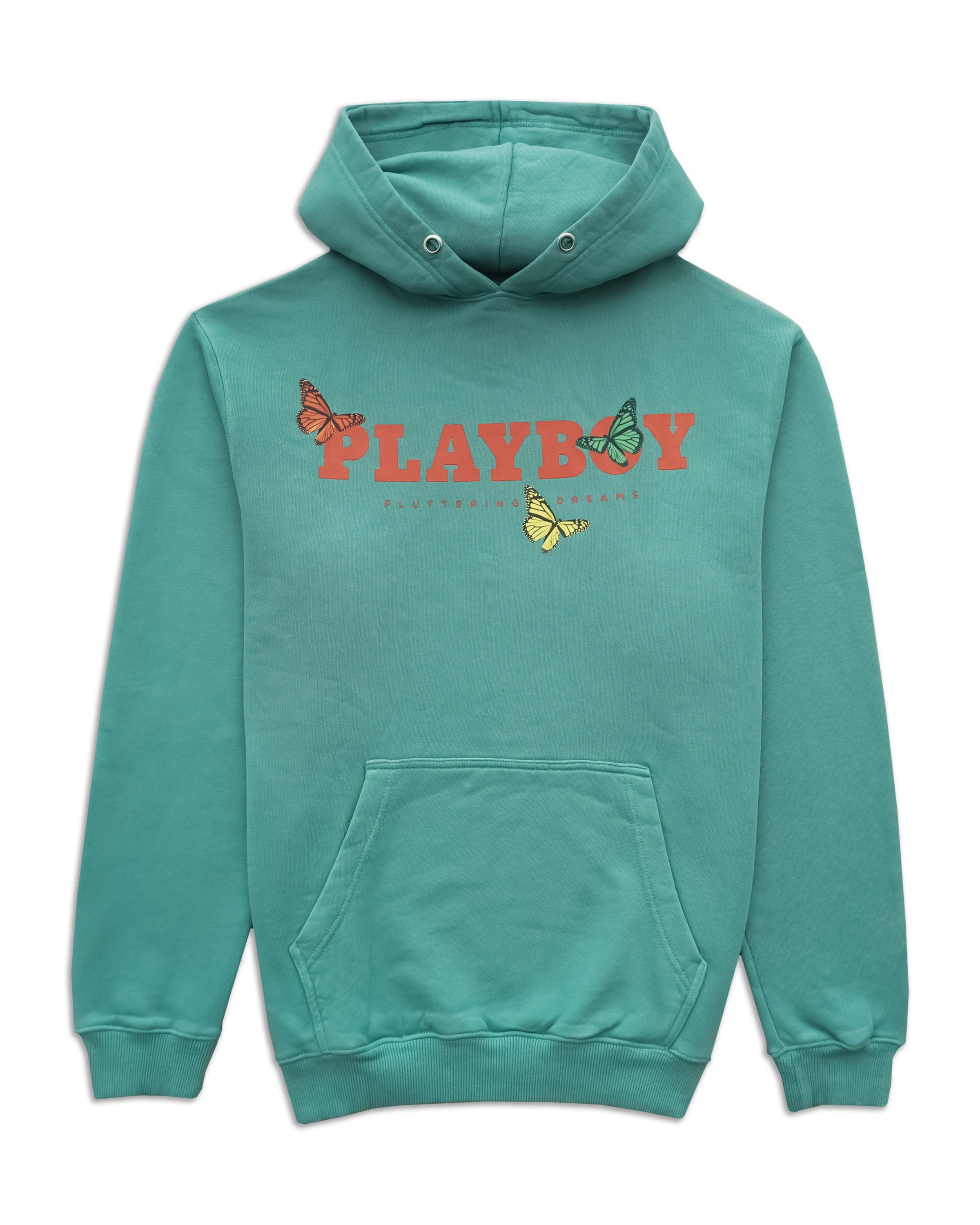 A teal green pullover hoodie featuring a vintage-style 'PLAYBOY' graphic in coral red across the chest, accented with three colorful butterflies (orange, blue, and yellow) and 'PLAYBOY' printed in small text underneath. The hoodie is displayed flat against a solid white background.