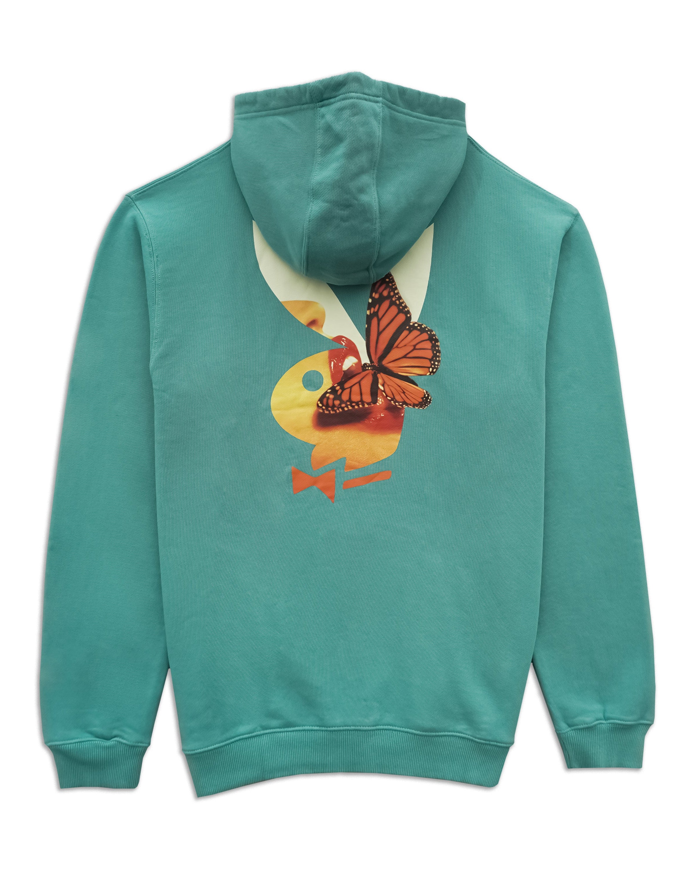 A teal green hoodie shown from the back, featuring a graphic print of a yellow duck with an orange monarch butterfly on its back.
