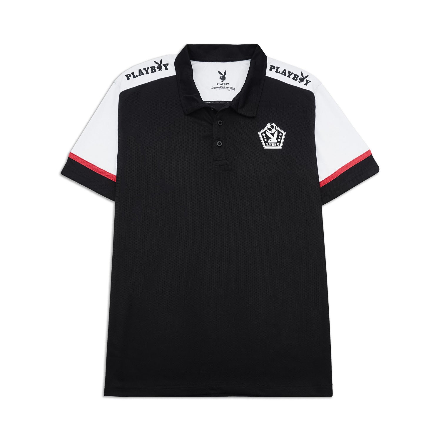 Black and white polo shirt with brand logos on a white background