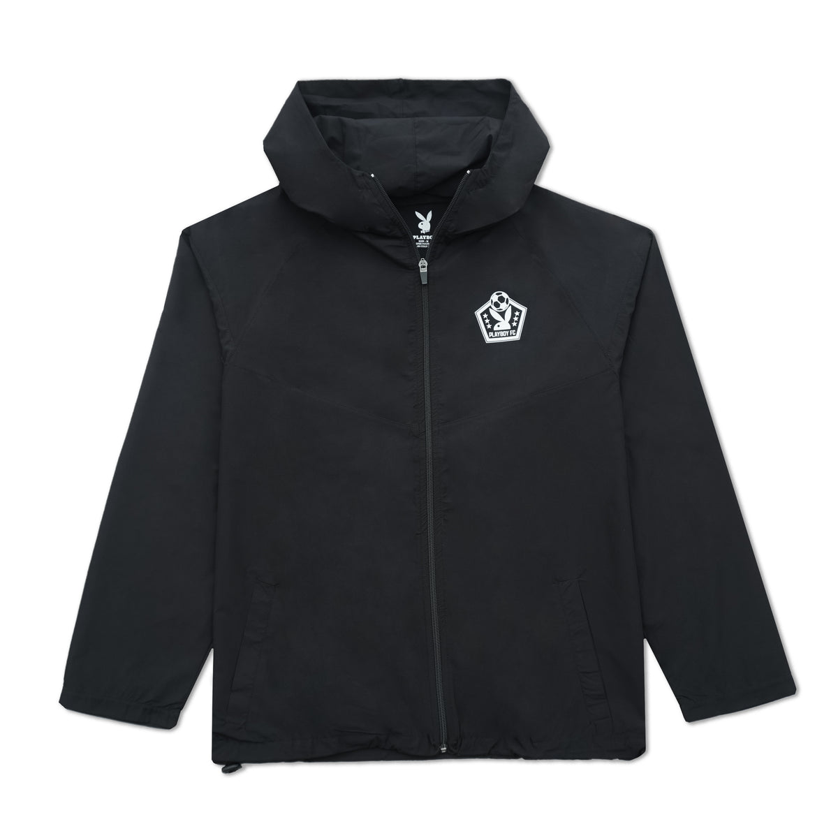 A black hooded zip-up jacket with a white embroidered crest logo on the left chest, displayed against a solid white background.