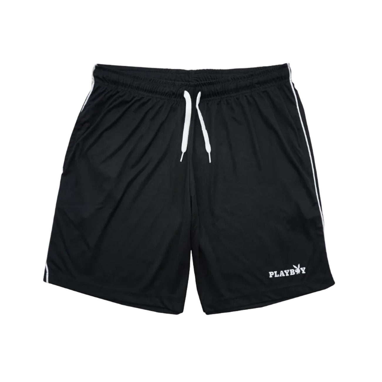 Black shorts with white drawstring and side stripes on a white background