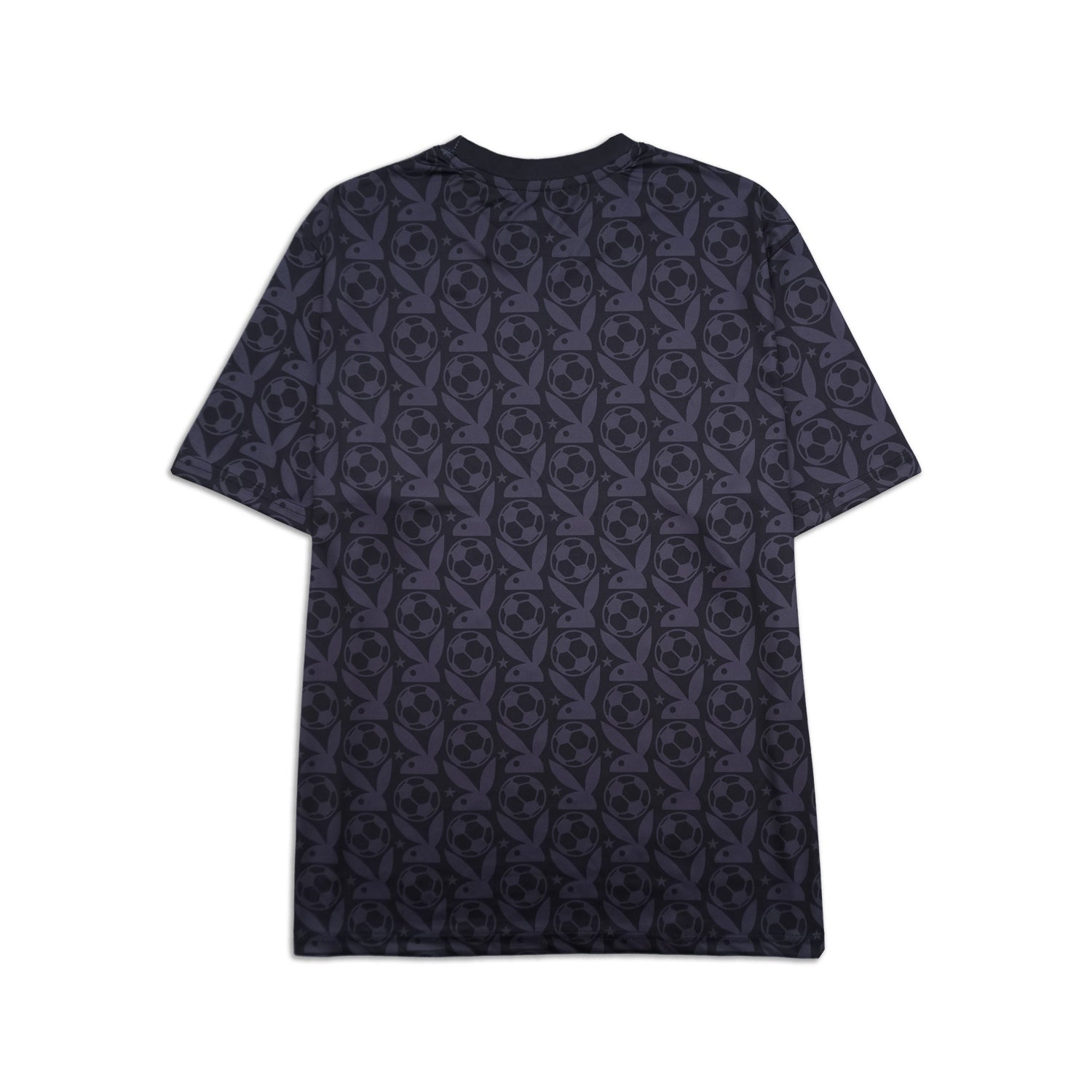 Black t-shirt with soccer ball pattern on a white background