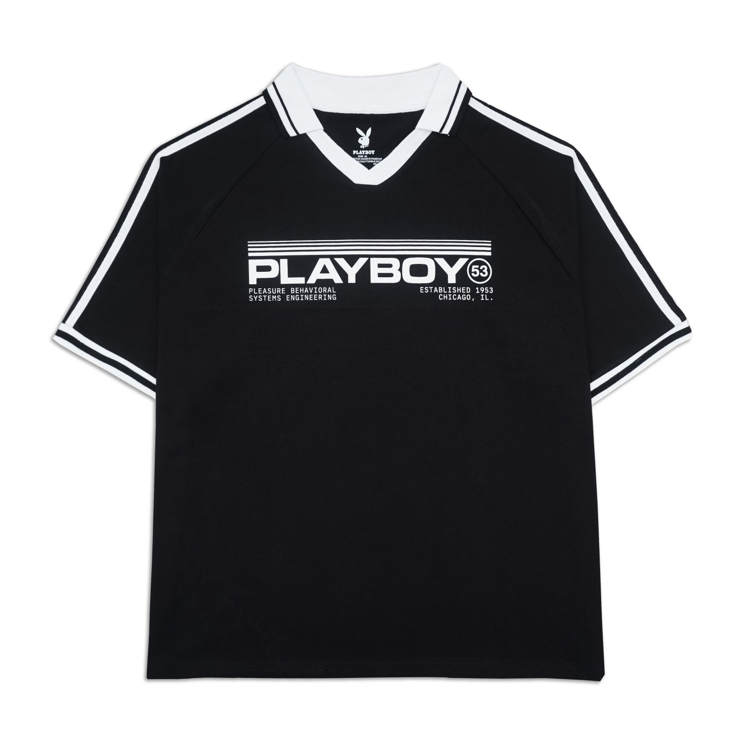 Black t-shirt with white accents and Playboy logo on a white background