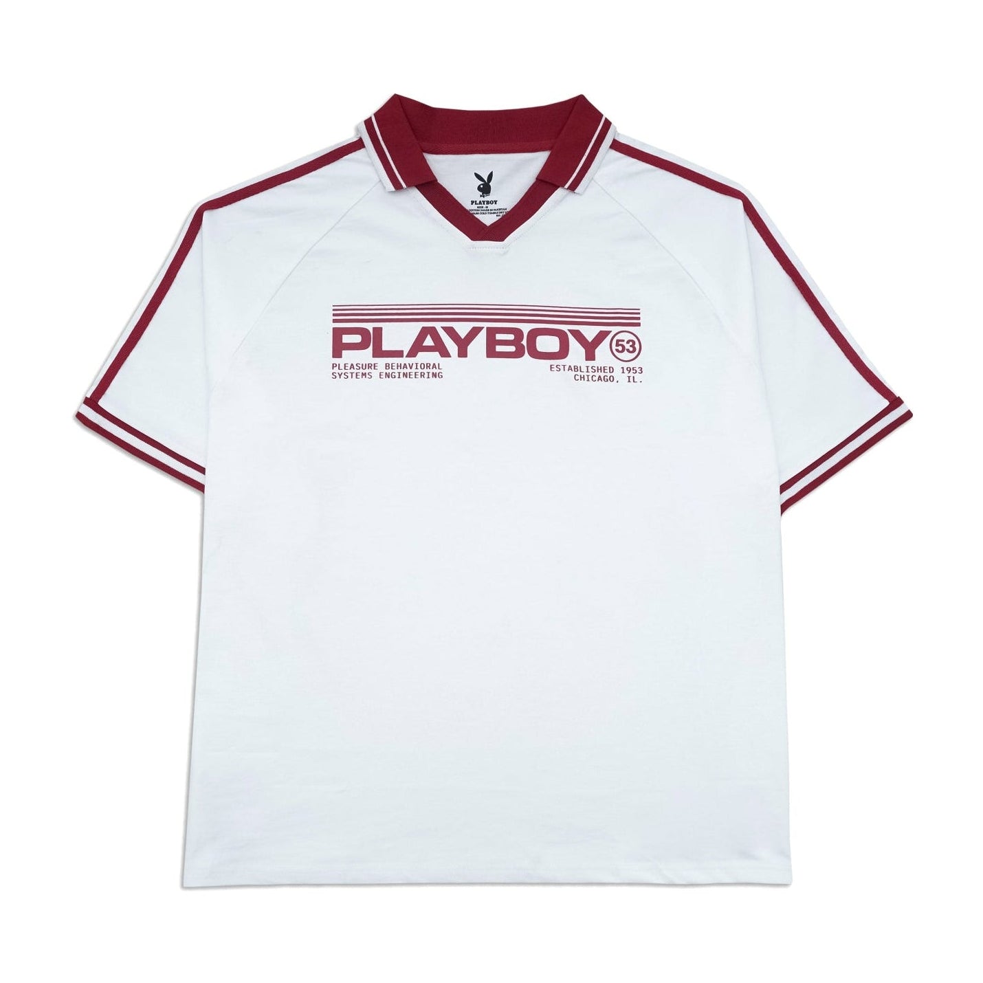 White t-shirt with red accents and Playboy logo on a white background