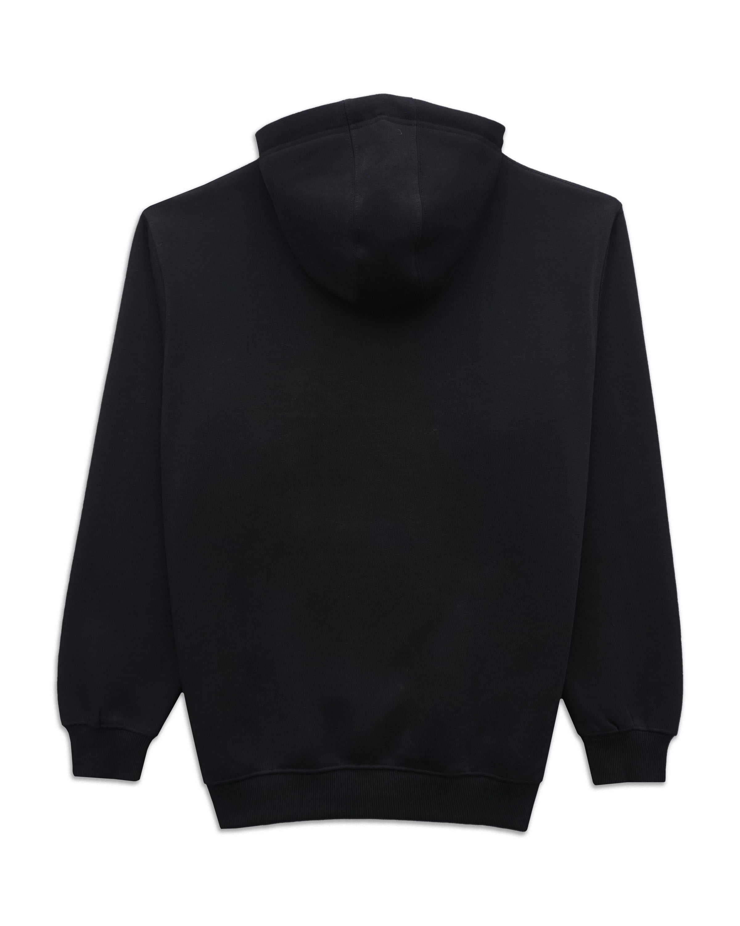 A black pullover hoodie shown from the back, photographed flat against a solid white background.