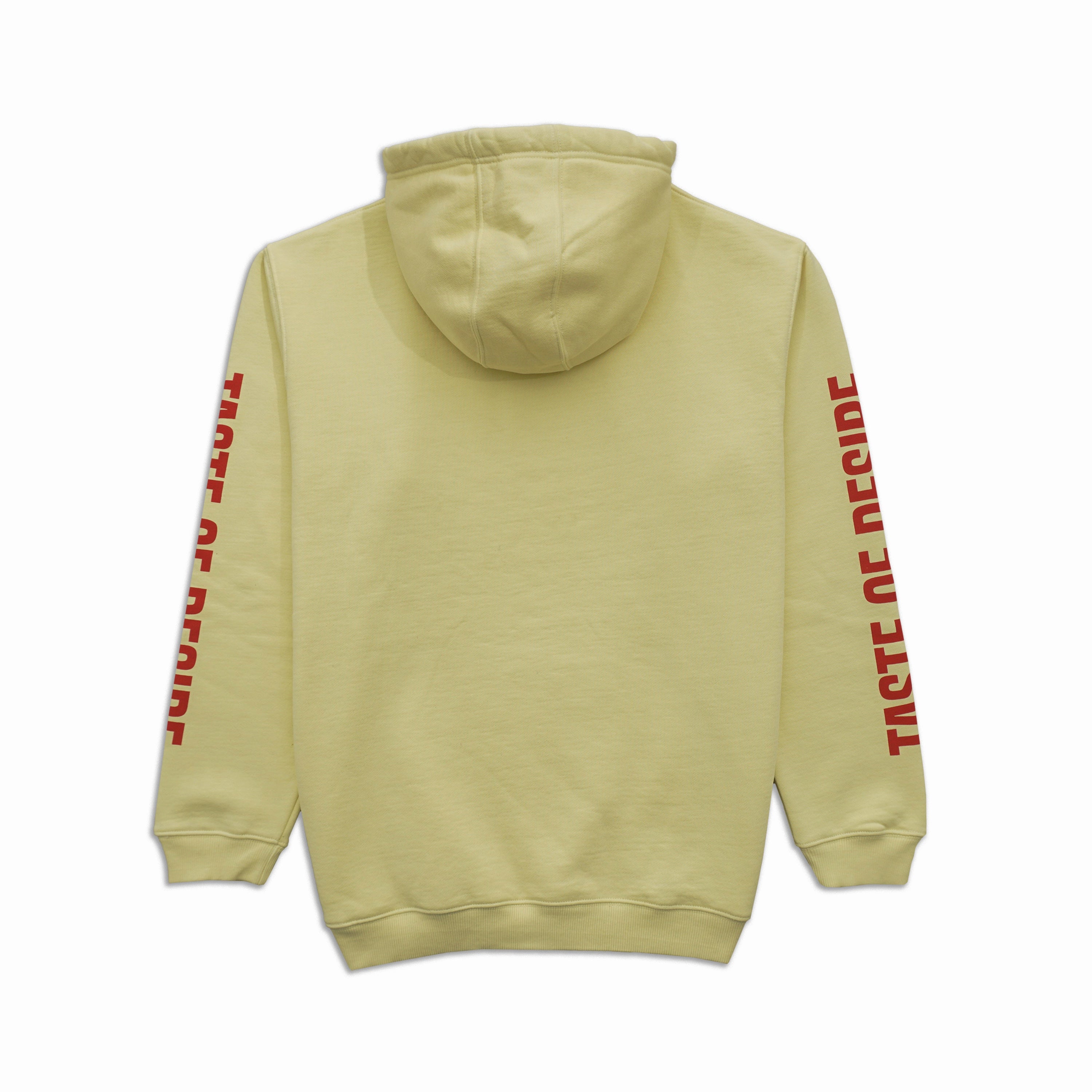 A light yellow-green hoodie shown from the back, featuring red vertical text printed down both sleeves.