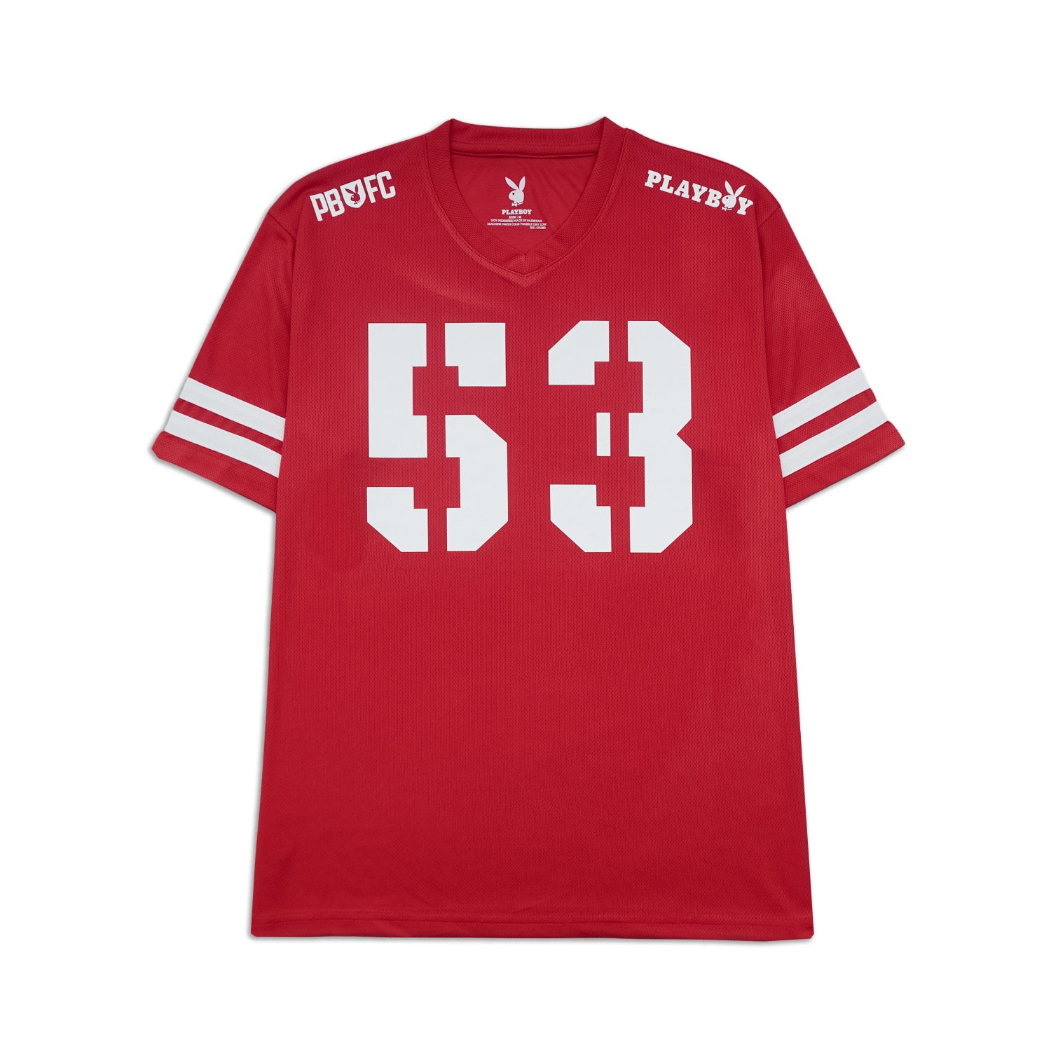 Red sports jersey with number 53 and 'Playboy' branding on a white background