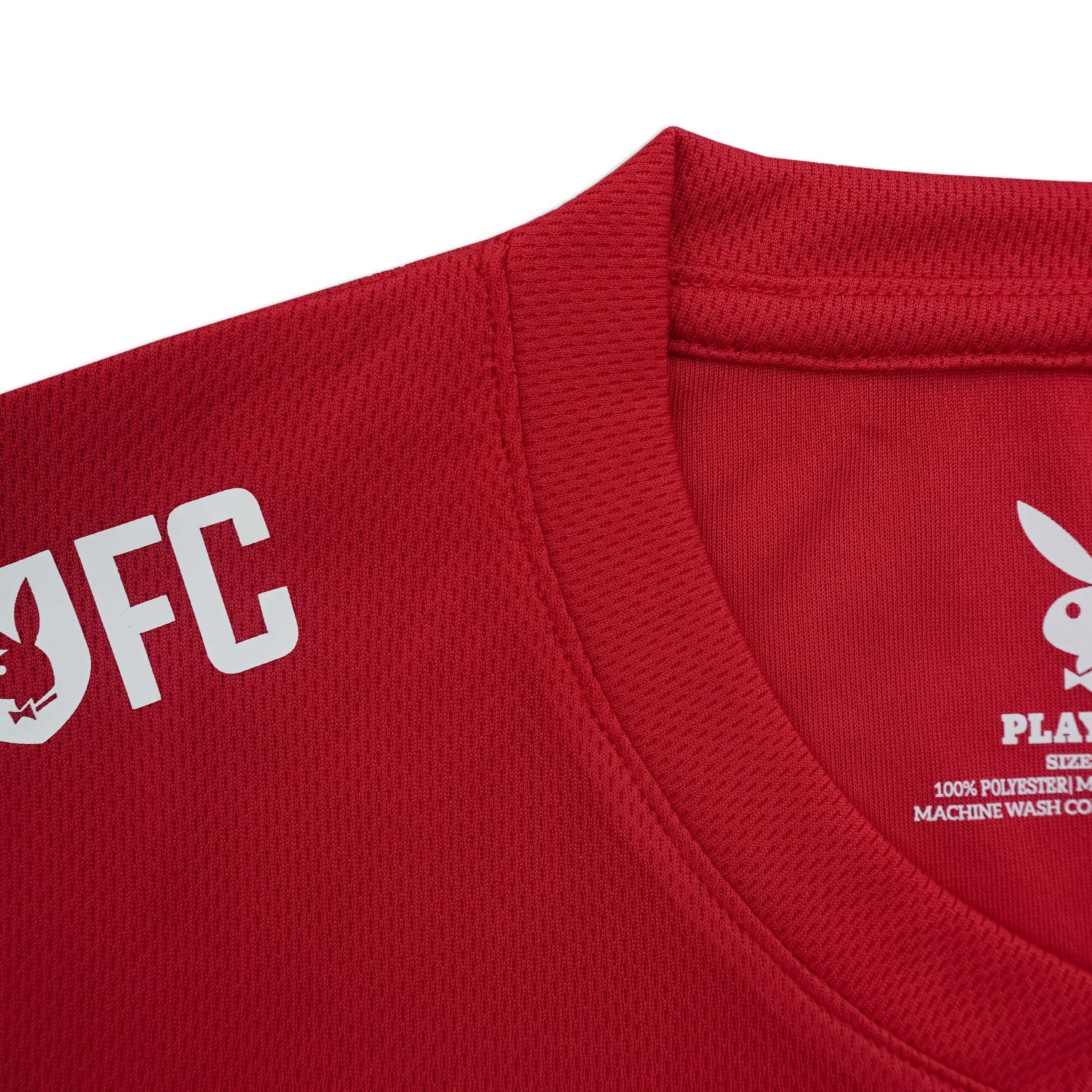 Red sports jersey with 'FC' and Playboy logo on a white background