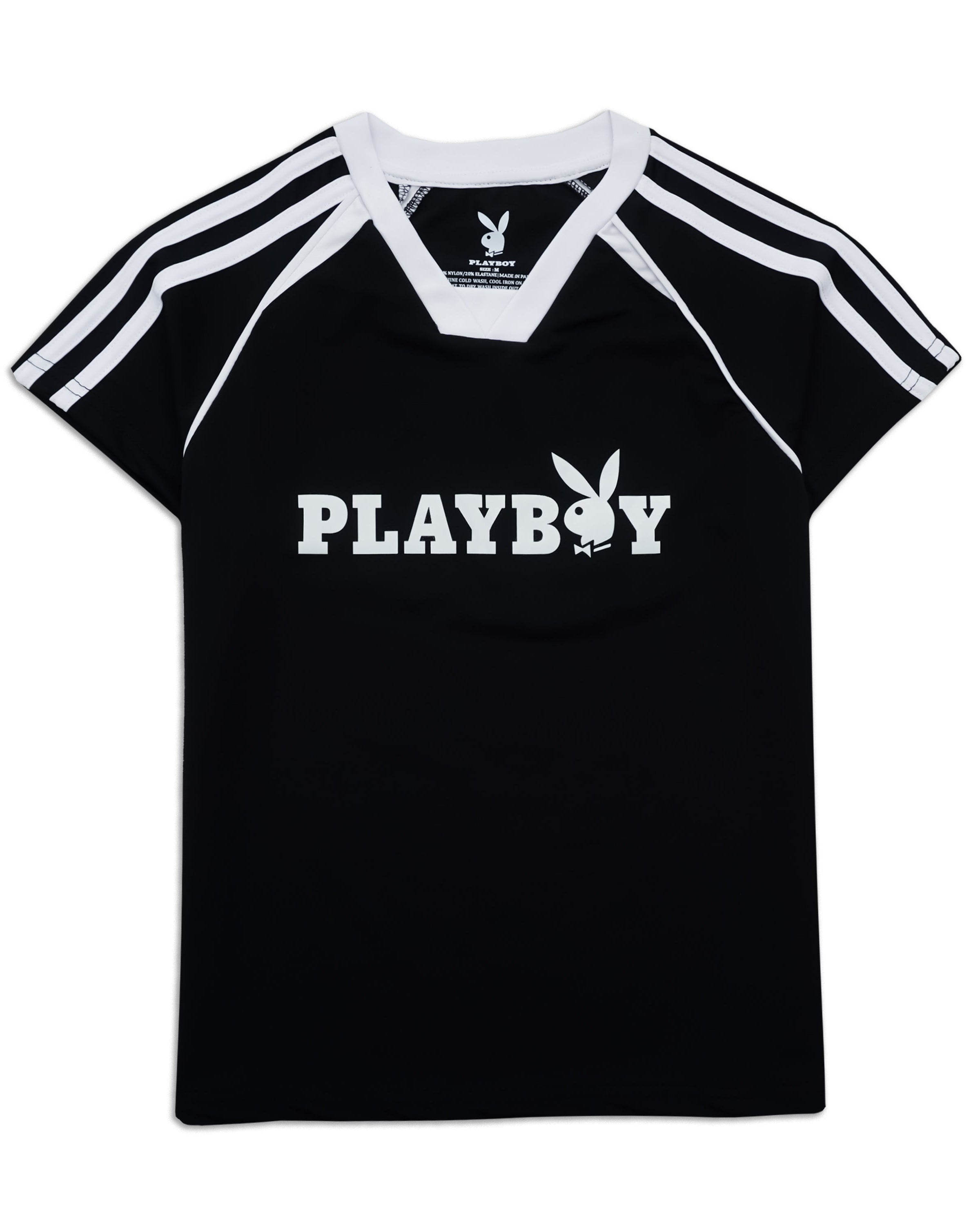 A black short-sleeve V-neck t-shirt with white shoulder stripes and a white PLAYBOY logo across the chest, displayed on a clean white background.