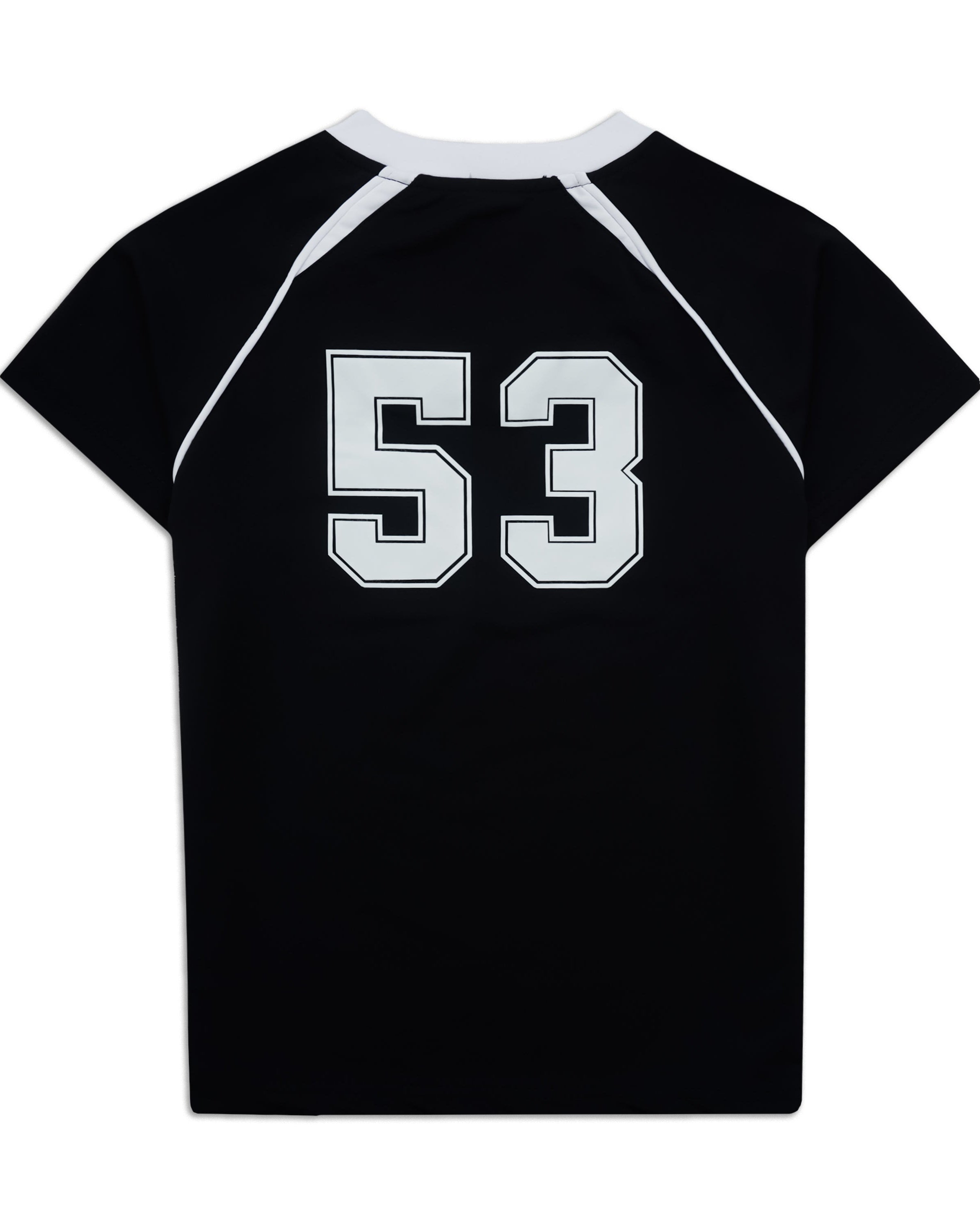 A black short-sleeve raglan-style athletic jersey with white shoulder panels and a large white number 53 outlined in black on the back.